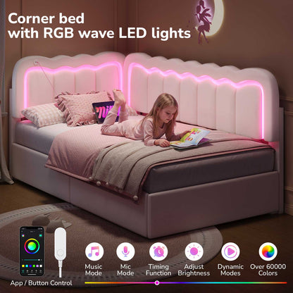 Hasuit | Corner Bed Frame with Storage Drawers and Power Outlets Velvet Upholstered Princess Bed with Adjustable Wavy Headboard and Guardrails Beige