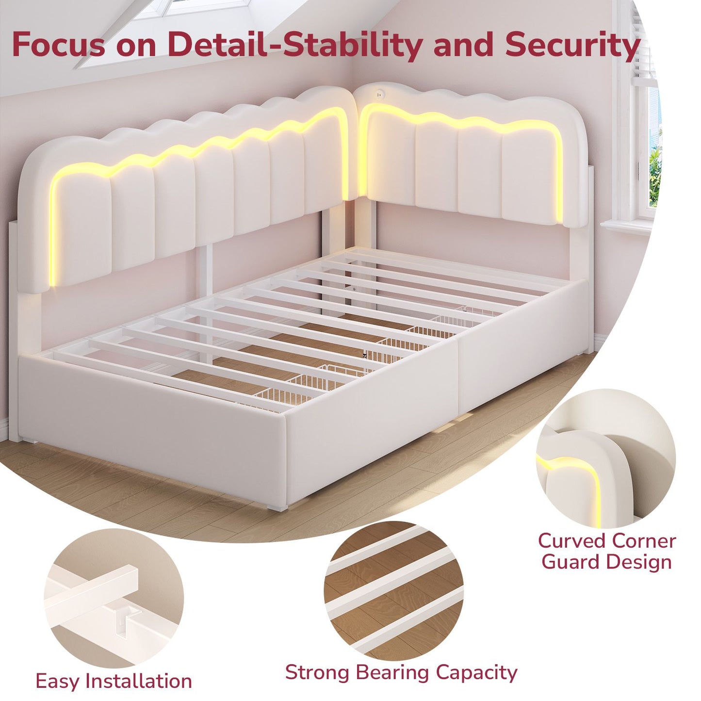 Hasuit | Corner Bed Frame with Storage Drawers and Power Outlets Velvet Upholstered Princess Bed with Adjustable Wavy Headboard and Guardrails Beige