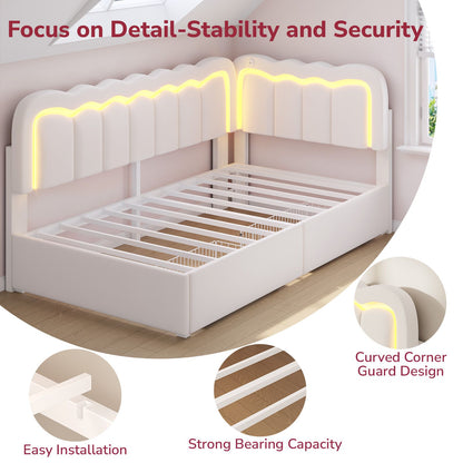 Hasuit | Corner Bed Frame with Storage Drawers and Power Outlets Velvet Upholstered Princess Bed with Adjustable Wavy Headboard and Guardrails Beige
