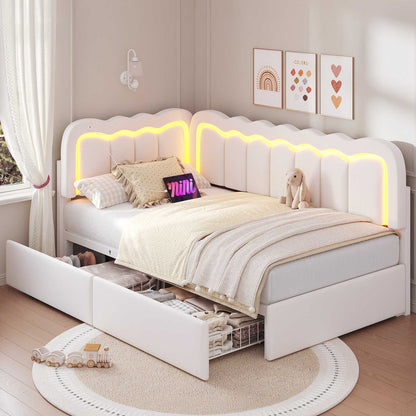 Hasuit | Corner Bed Frame with Storage Drawers and Power Outlets Velvet Upholstered Princess Bed with Adjustable Wavy Headboard and Guardrails Beige