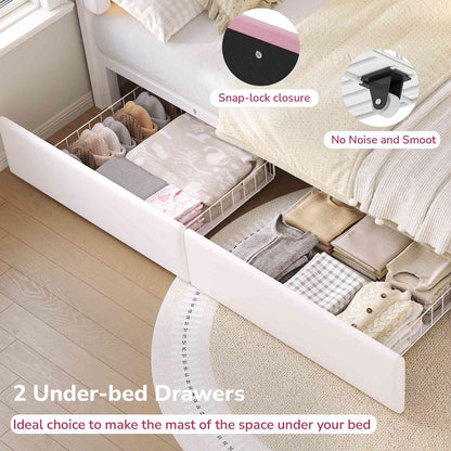 Hasuit | Corner Bed Frame with Storage Drawers and Power Outlets Velvet Upholstered Princess Bed with Adjustable Wavy Headboard and Guardrails Beige
