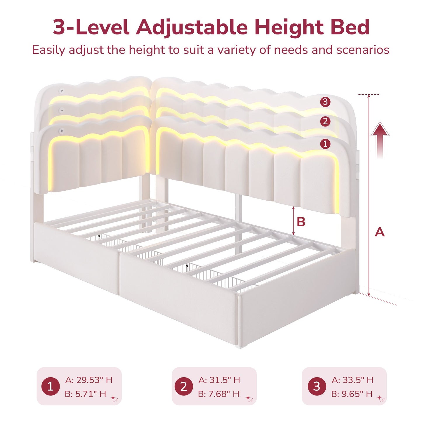 Hasuit | Corner Bed Frame with Storage Drawers and Power Outlets Velvet Upholstered Princess Bed with Adjustable Wavy Headboard and Guardrails Beige