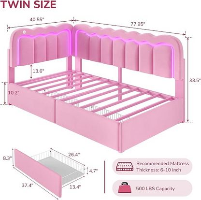 Hasuit | Corner Bed Frame with Storage Drawers and Power Outlets Velvet Upholstered Princess Bed with Adjustable Wavy Headboard and Guardrails