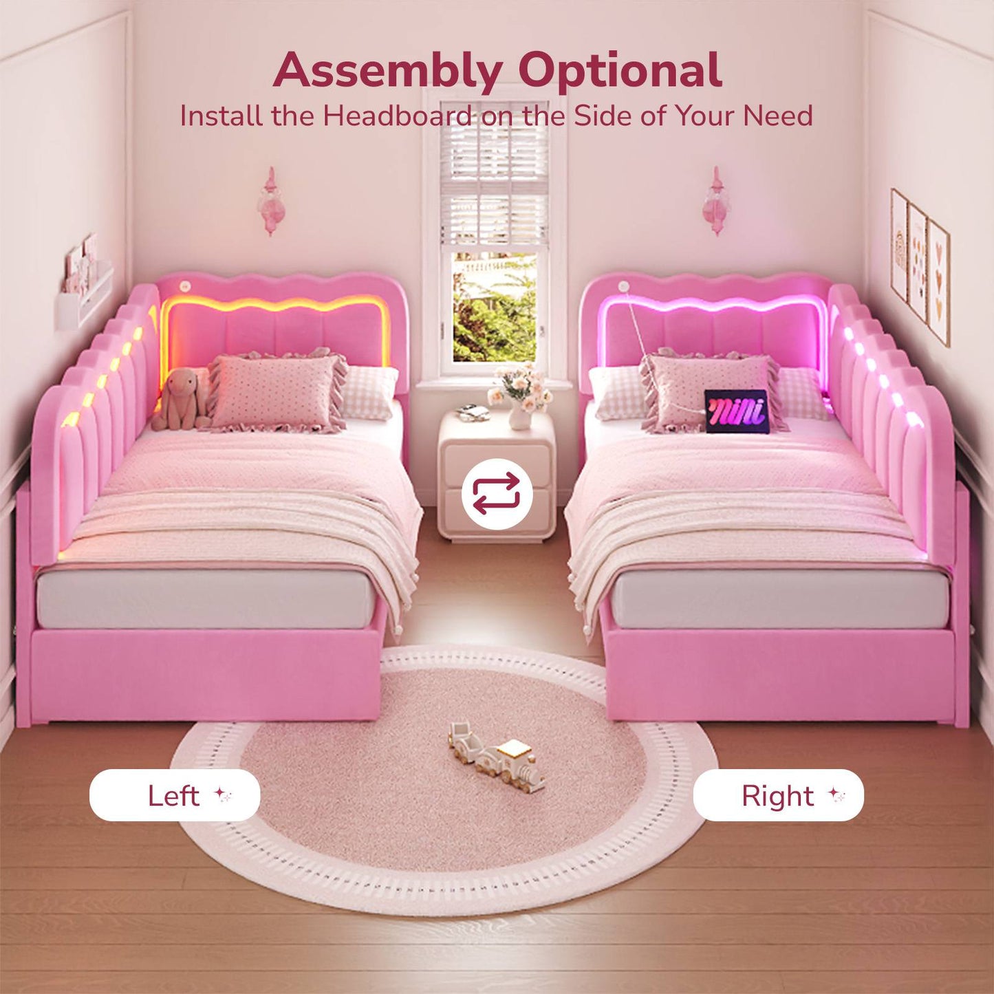 Hasuit | Corner Bed Frame with Storage Drawers and Power Outlets Velvet Upholstered Princess Bed with Adjustable Wavy Headboard and Guardrails
