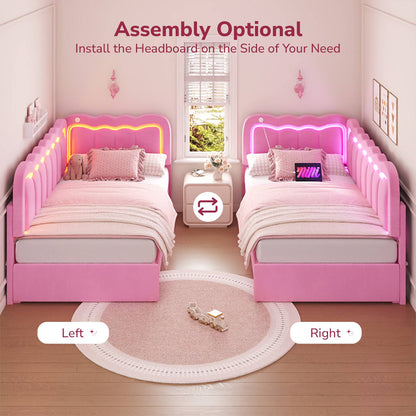 Hasuit | Corner Bed Frame with Storage Drawers and Power Outlets Velvet Upholstered Princess Bed with Adjustable Wavy Headboard and Guardrails