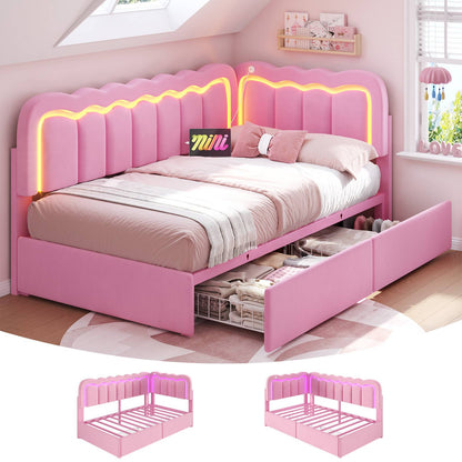 Hasuit | Corner Bed Frame with Storage Drawers and Power Outlets Velvet Upholstered Princess Bed with Adjustable Wavy Headboard and Guardrails