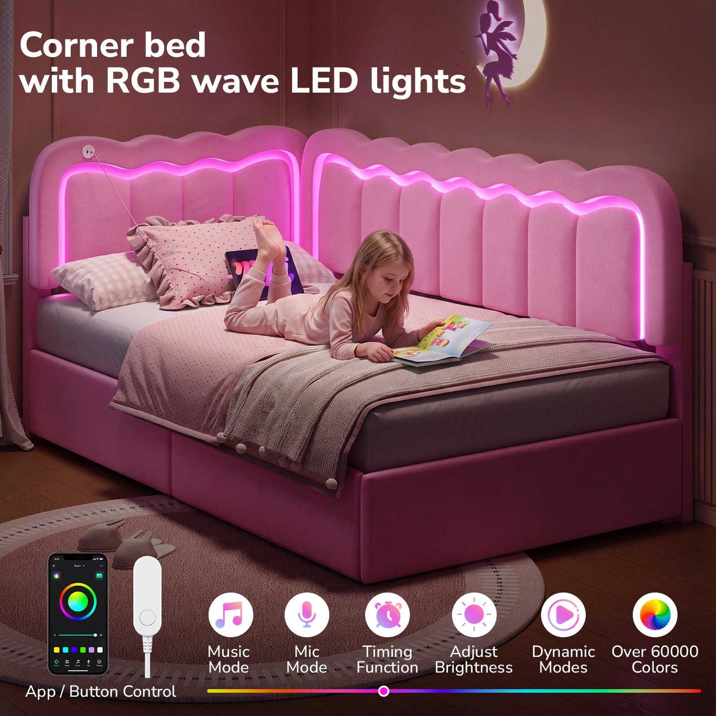 Hasuit | Corner Bed Frame with Storage Drawers and Power Outlets Velvet Upholstered Princess Bed with Adjustable Wavy Headboard and Guardrails