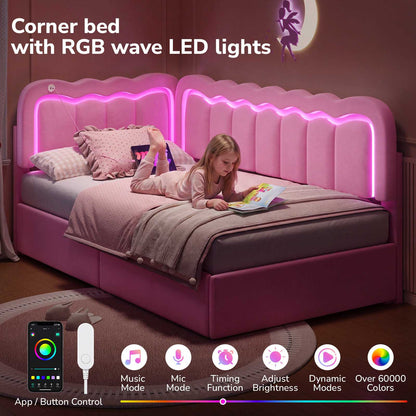 Hasuit | Corner Bed Frame with Storage Drawers and Power Outlets Velvet Upholstered Princess Bed with Adjustable Wavy Headboard and Guardrails