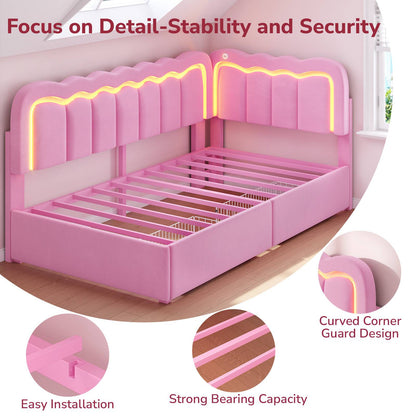 Hasuit | Corner Bed Frame with Storage Drawers and Power Outlets Velvet Upholstered Princess Bed with Adjustable Wavy Headboard and Guardrails