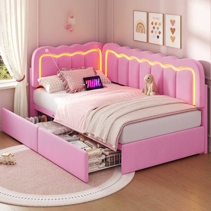 Hasuit | Corner Bed Frame with Storage Drawers and Power Outlets Velvet Upholstered Princess Bed with Adjustable Wavy Headboard and Guardrails