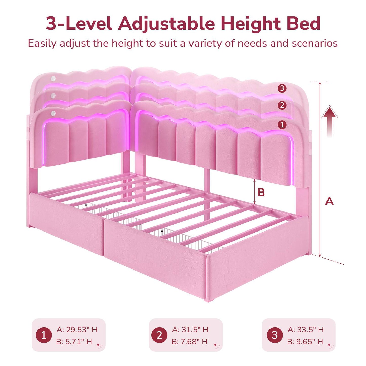 Hasuit | Corner Bed Frame with Storage Drawers and Power Outlets Velvet Upholstered Princess Bed with Adjustable Wavy Headboard and Guardrails