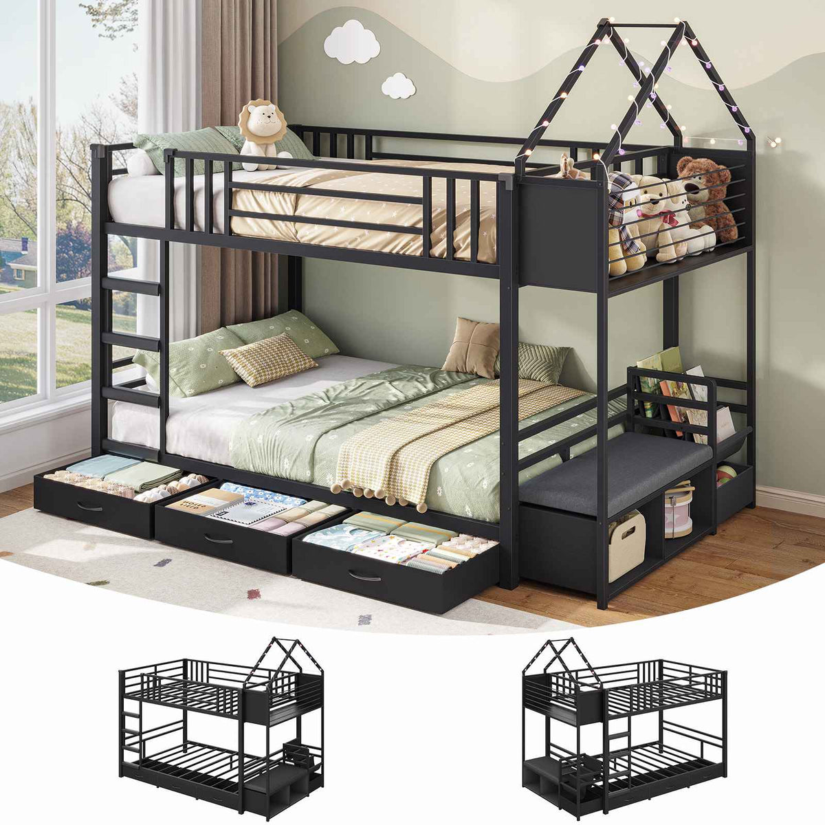 Hasuit | Twin Over Twin Bunk Bed with 3 Under Bed Drawers and Bookshelf for Kids Bunk Bed with Globe String Lights and Padded Stool