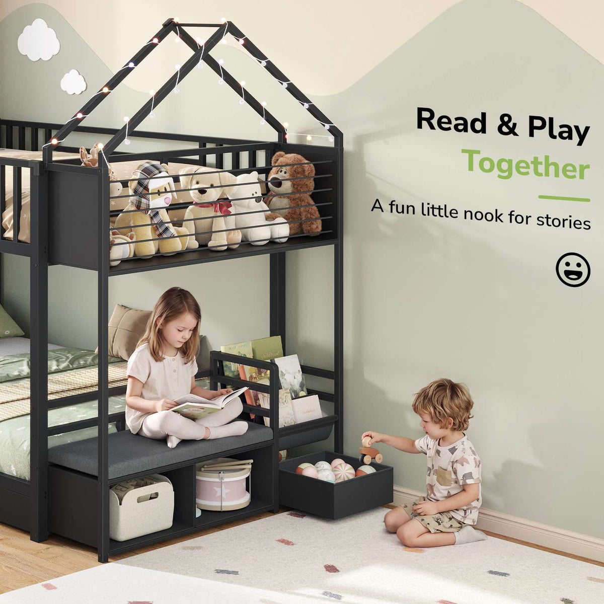 Hasuit | Twin Over Twin Bunk Bed with 3 Under Bed Drawers and Bookshelf for Kids Bunk Bed with Globe String Lights and Padded Stool