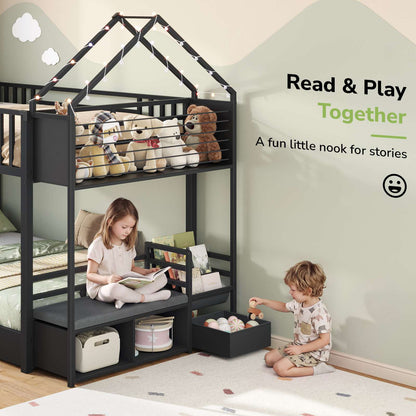 Hasuit | Twin Over Twin Bunk Bed with 3 Under Bed Drawers and Bookshelf for Kids Bunk Bed with Globe String Lights and Padded Stool