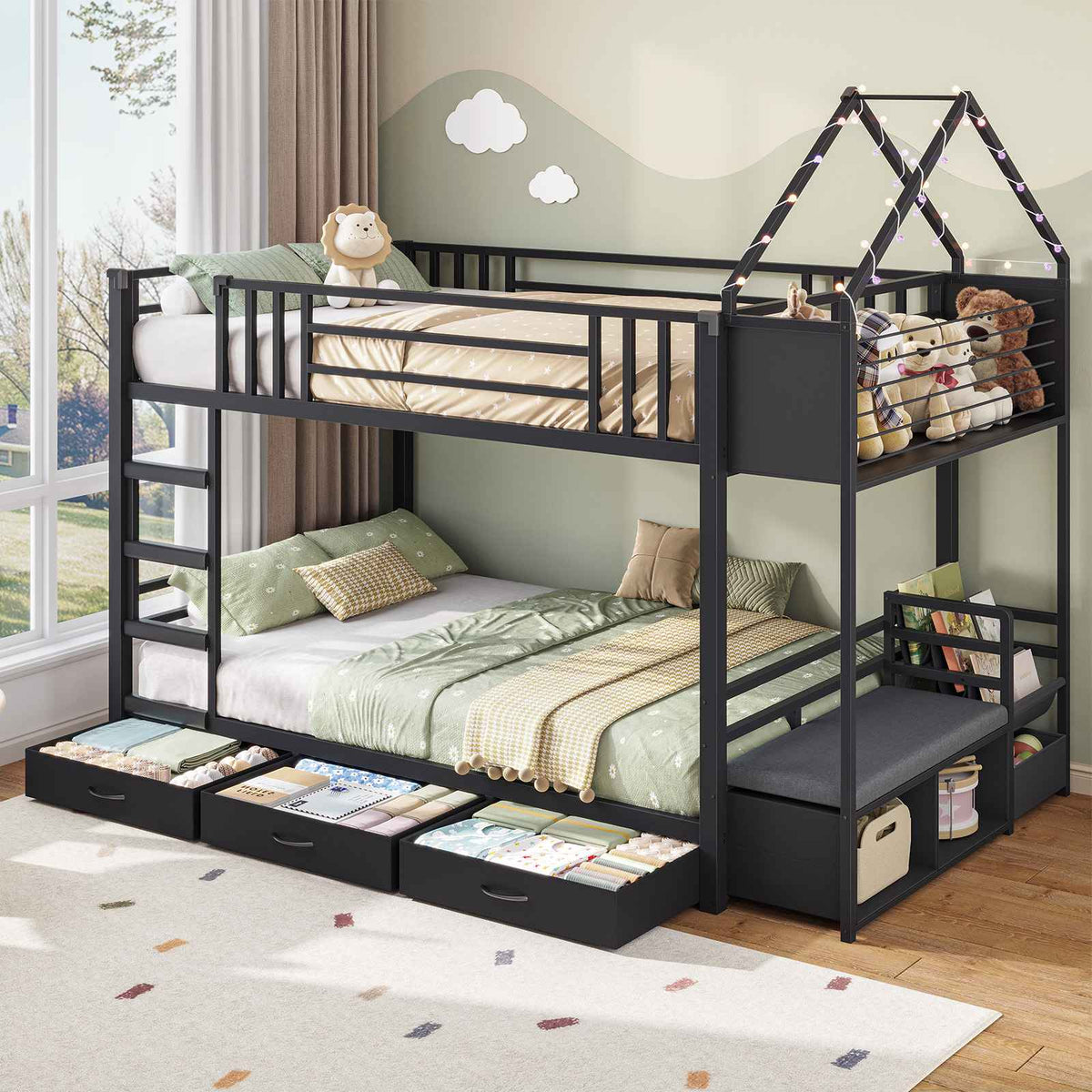 Hasuit | Twin Over Twin Bunk Bed with 3 Under Bed Drawers and Bookshelf for Kids Bunk Bed with Globe String Lights and Padded Stool