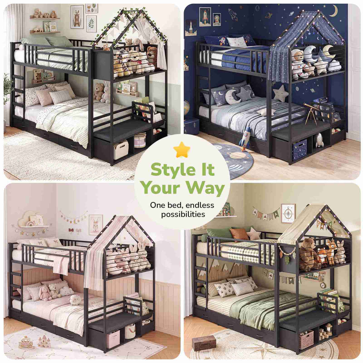 Hasuit | Twin Over Twin Bunk Bed with 3 Under Bed Drawers and Bookshelf for Kids Bunk Bed with Globe String Lights and Padded Stool