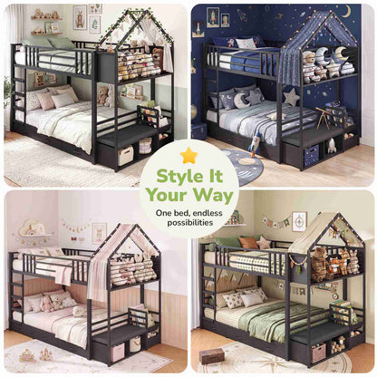 Hasuit | Twin Over Twin Bunk Bed with 3 Under Bed Drawers and Bookshelf for Kids Bunk Bed with Globe String Lights and Padded Stool