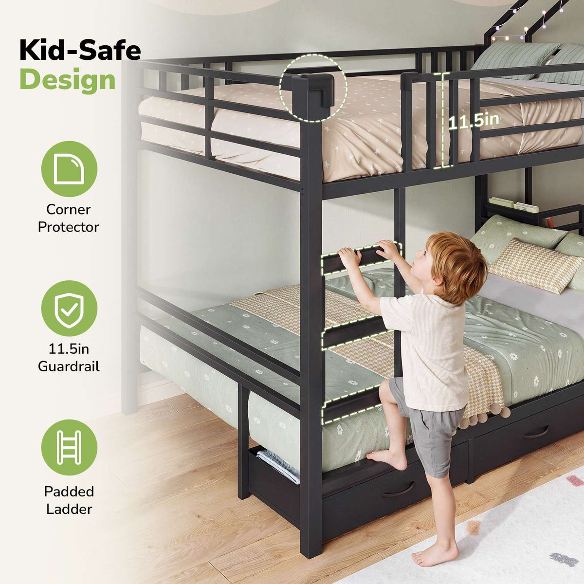 Hasuit | Twin Over Twin Bunk Bed with 3 Under Bed Drawers and Bookshelf for Kids Bunk Bed with Globe String Lights and Padded Stool
