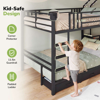 Hasuit | Twin Over Twin Bunk Bed with 3 Under Bed Drawers and Bookshelf for Kids Bunk Bed with Globe String Lights and Padded Stool
