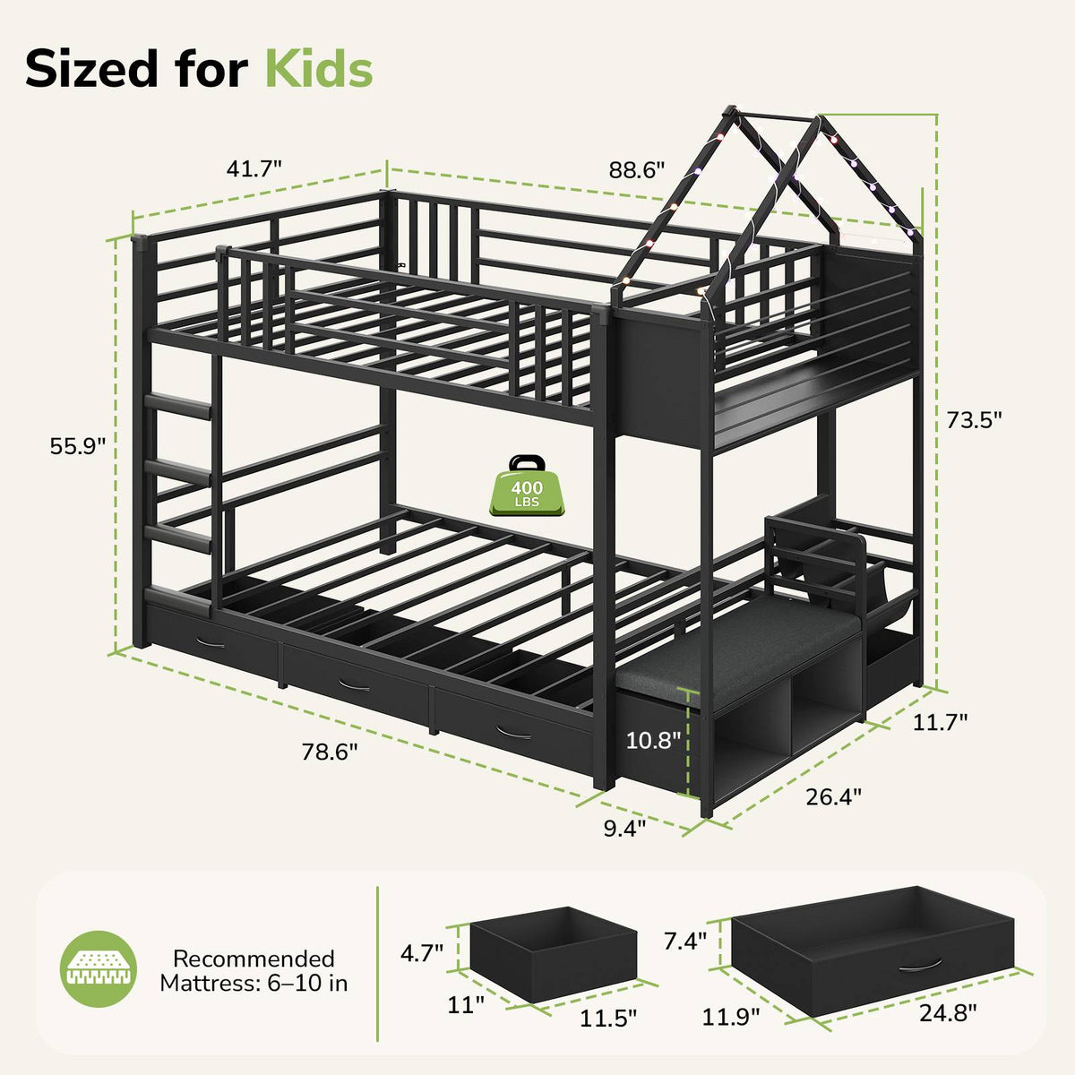 Hasuit | Twin Over Twin Bunk Bed with 3 Under Bed Drawers and Bookshelf for Kids Bunk Bed with Globe String Lights and Padded Stool