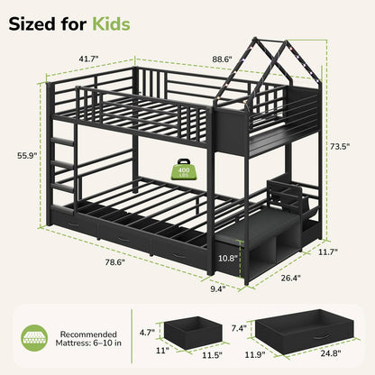 Hasuit | Twin Over Twin Bunk Bed with 3 Under Bed Drawers and Bookshelf for Kids Bunk Bed with Globe String Lights and Padded Stool