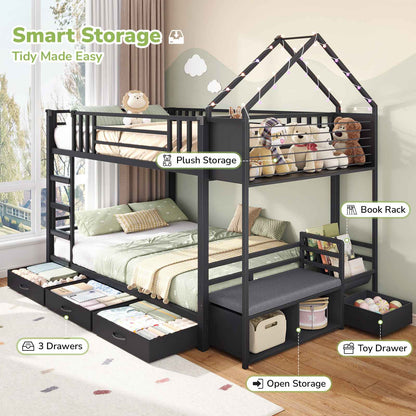 Hasuit | Twin Over Twin Bunk Bed with 3 Under Bed Drawers and Bookshelf for Kids Bunk Bed with Globe String Lights and Padded Stool