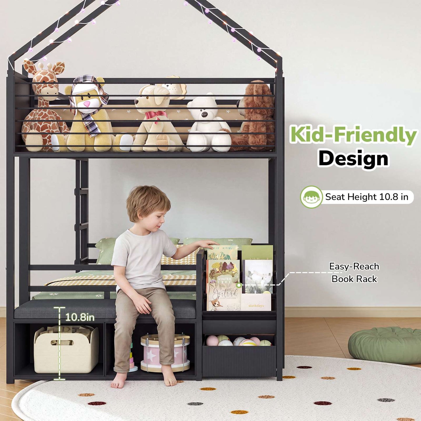 Hasuit | Twin Over Twin Bunk Bed with 3 Under Bed Drawers and Bookshelf for Kids Bunk Bed with Globe String Lights and Padded Stool