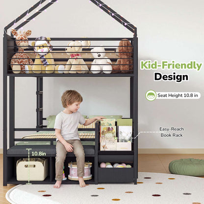 Hasuit | Twin Over Twin Bunk Bed with 3 Under Bed Drawers and Bookshelf for Kids Bunk Bed with Globe String Lights and Padded Stool