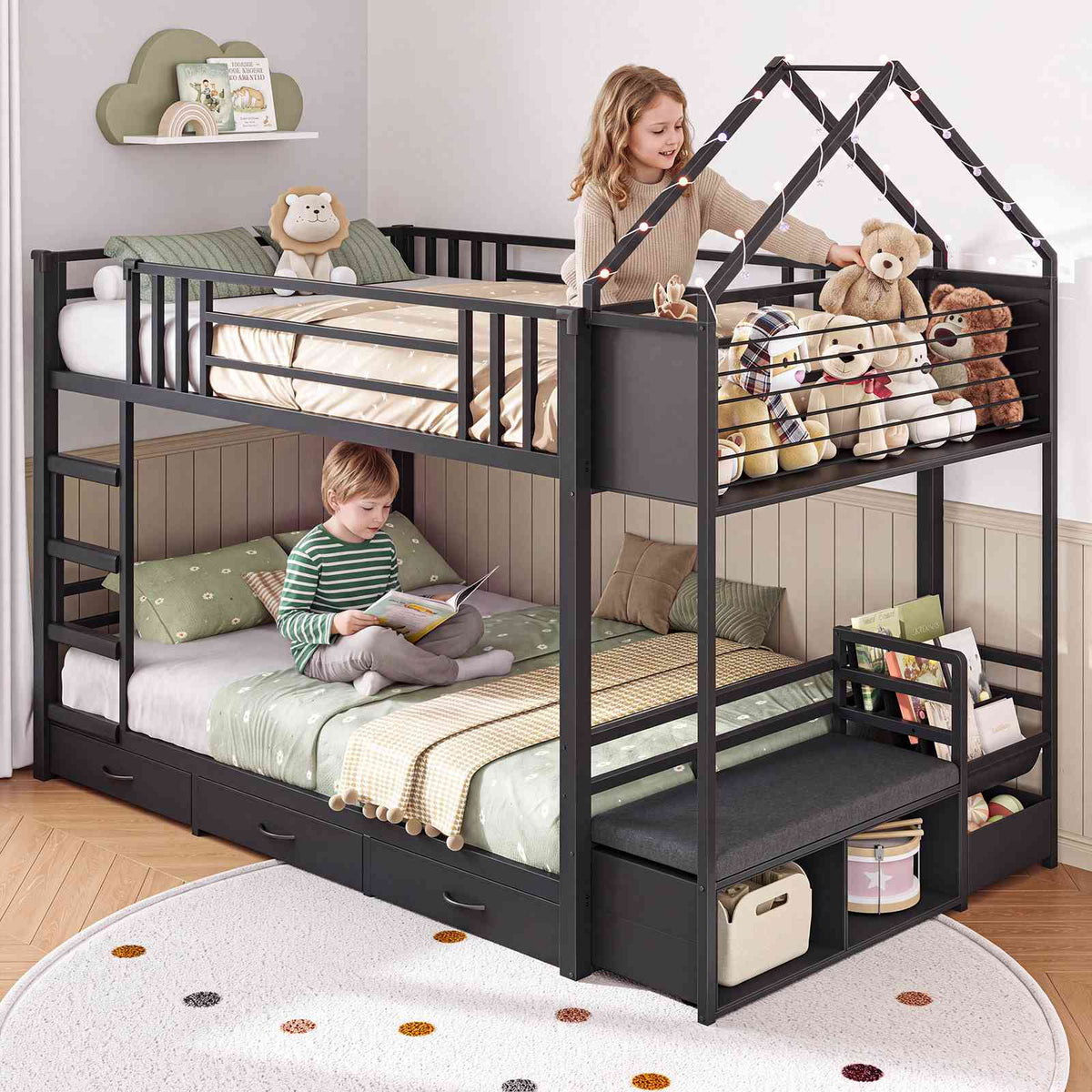 Hasuit | Twin Over Twin Bunk Bed with 3 Under Bed Drawers and Bookshelf for Kids Bunk Bed with Globe String Lights and Padded Stool