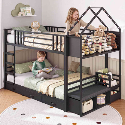 Hasuit | Twin Over Twin Bunk Bed with 3 Under Bed Drawers and Bookshelf for Kids Bunk Bed with Globe String Lights and Padded Stool
