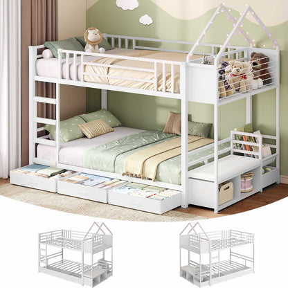 Hasuit | Twin Over Twin Bunk Bed with 3 Under Bed Drawers and Bookshelf for Kids Bunk Bed with Globe String Lights and Padded Stool