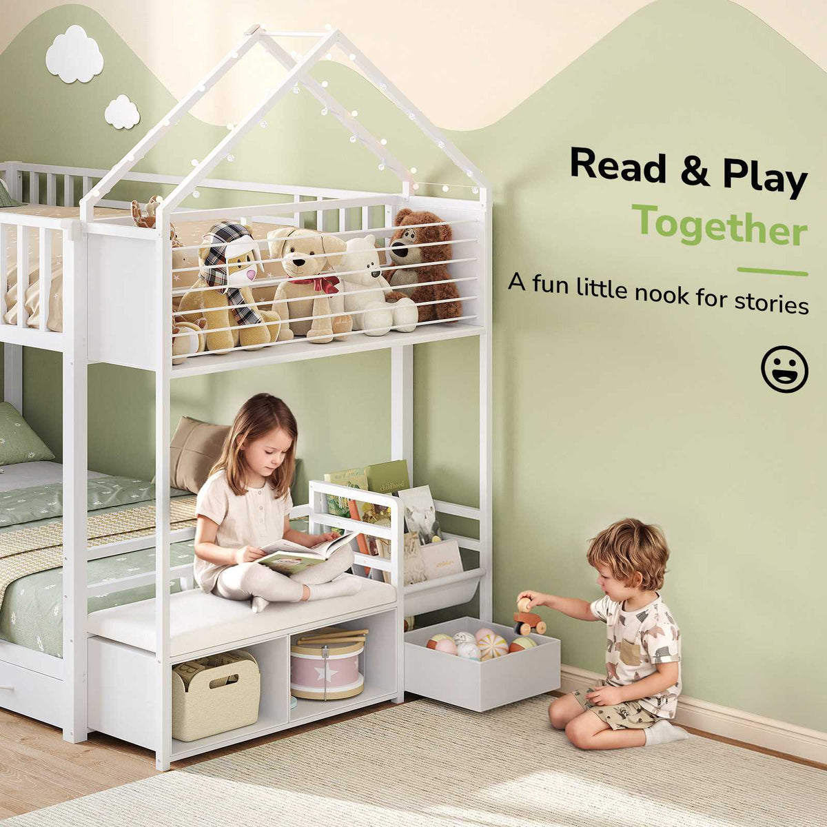 Hasuit | Twin Over Twin Bunk Bed with 3 Under Bed Drawers and Bookshelf for Kids Bunk Bed with Globe String Lights and Padded Stool