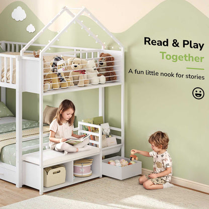 Hasuit | Twin Over Twin Bunk Bed with 3 Under Bed Drawers and Bookshelf for Kids Bunk Bed with Globe String Lights and Padded Stool
