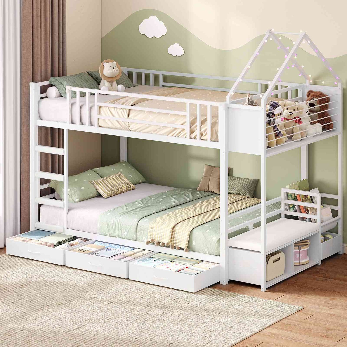 Hasuit | Twin Over Twin Bunk Bed with 3 Under Bed Drawers and Bookshelf for Kids Bunk Bed with Globe String Lights and Padded Stool