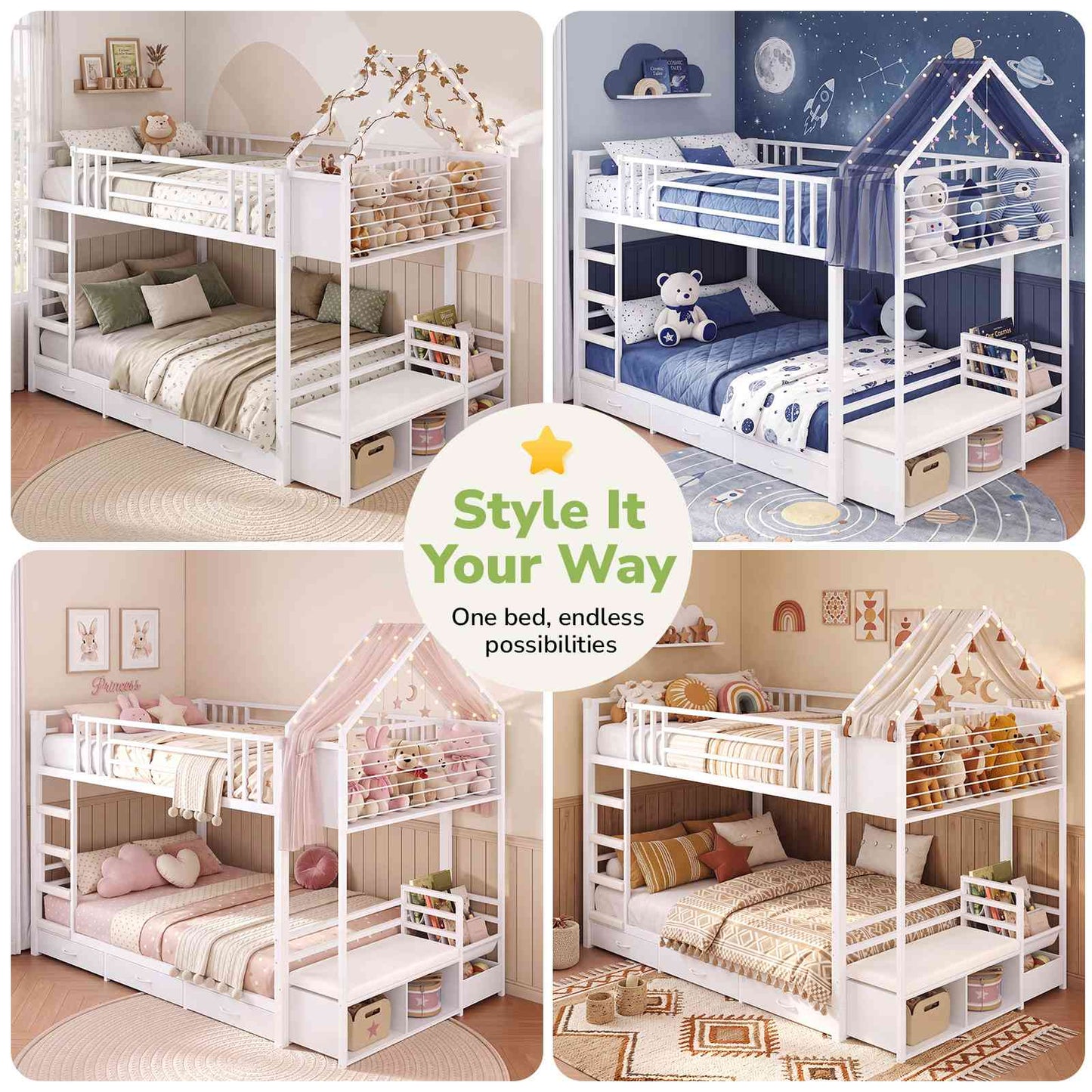 Hasuit | Twin Over Twin Bunk Bed with 3 Under Bed Drawers and Bookshelf for Kids Bunk Bed with Globe String Lights and Padded Stool