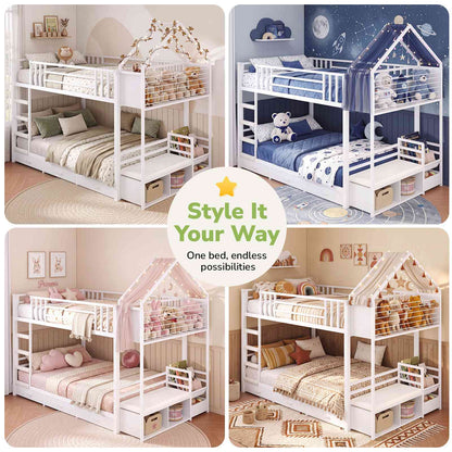 Hasuit | Twin Over Twin Bunk Bed with 3 Under Bed Drawers and Bookshelf for Kids Bunk Bed with Globe String Lights and Padded Stool