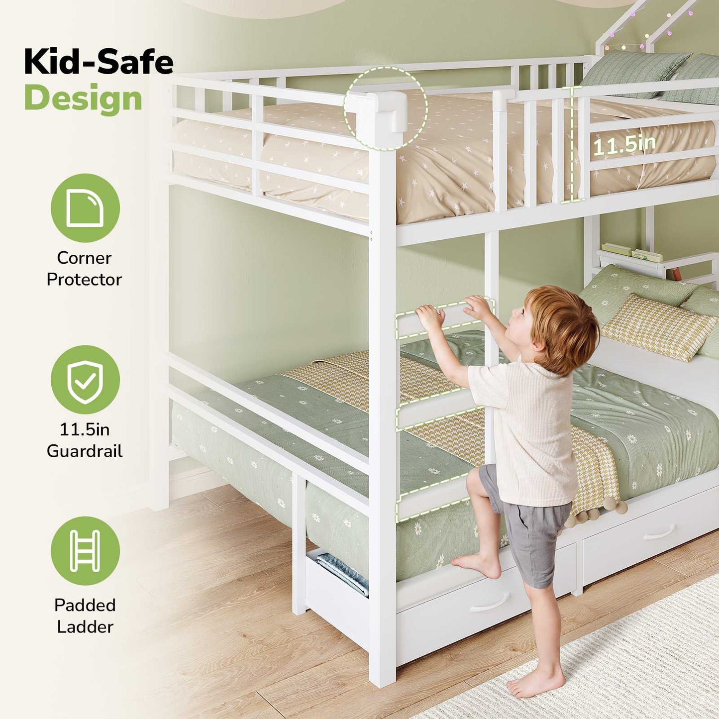 Hasuit | Twin Over Twin Bunk Bed with 3 Under Bed Drawers and Bookshelf for Kids Bunk Bed with Globe String Lights and Padded Stool
