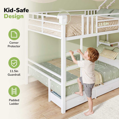 Hasuit | Twin Over Twin Bunk Bed with 3 Under Bed Drawers and Bookshelf for Kids Bunk Bed with Globe String Lights and Padded Stool