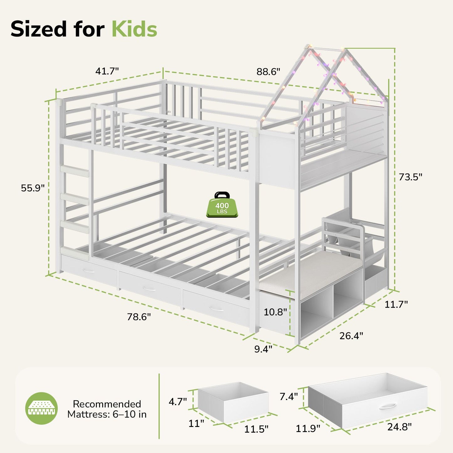 Hasuit | Twin Over Twin Bunk Bed with 3 Under Bed Drawers and Bookshelf for Kids Bunk Bed with Globe String Lights and Padded Stool