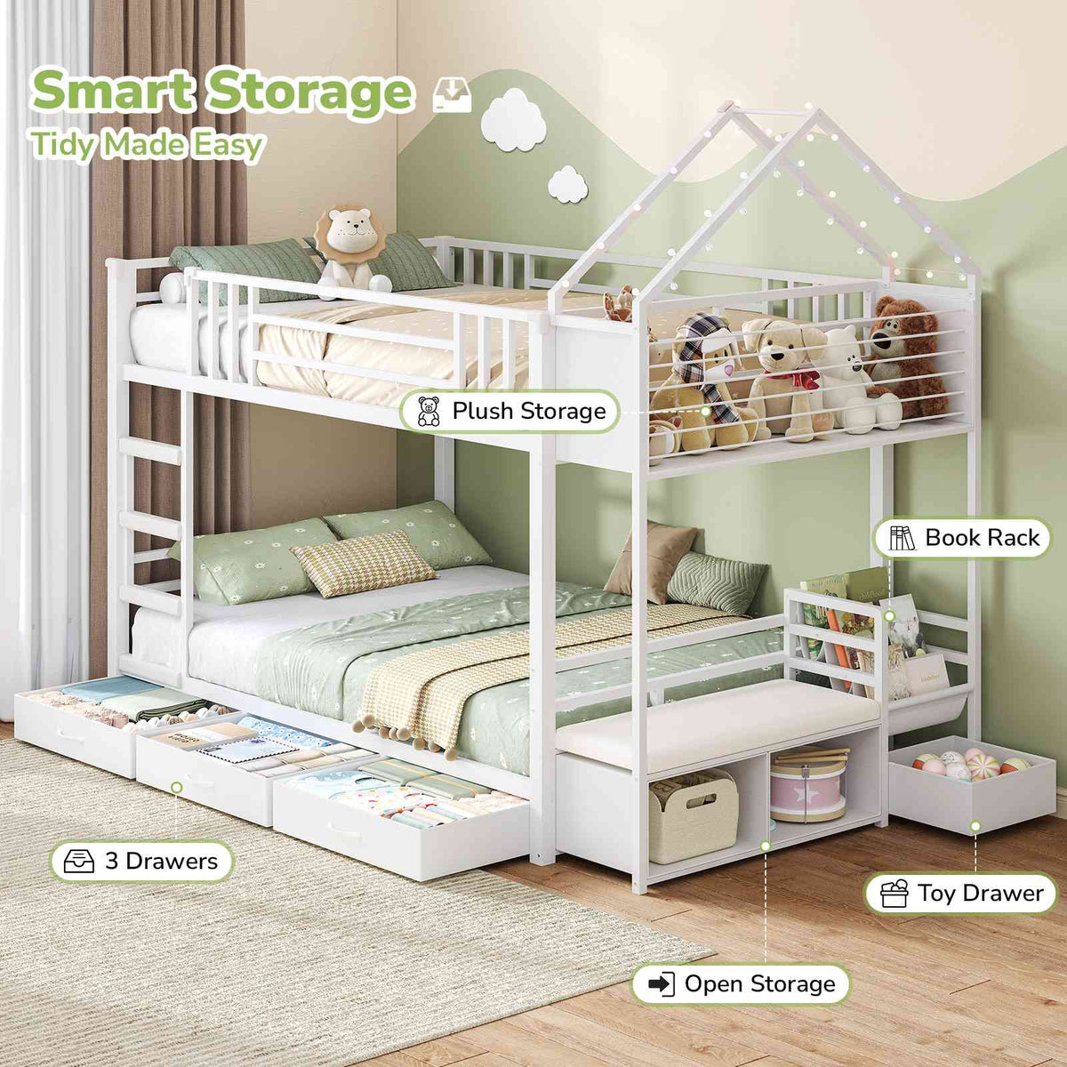 Hasuit | Twin Over Twin Bunk Bed with 3 Under Bed Drawers and Bookshelf for Kids Bunk Bed with Globe String Lights and Padded Stool