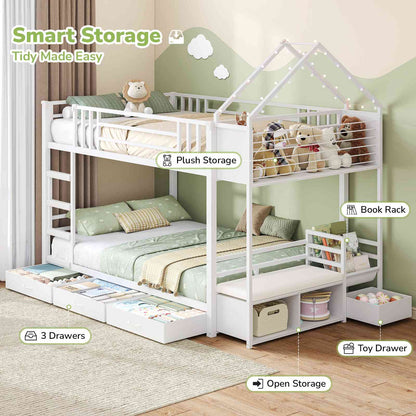 Hasuit | Twin Over Twin Bunk Bed with 3 Under Bed Drawers and Bookshelf for Kids Bunk Bed with Globe String Lights and Padded Stool