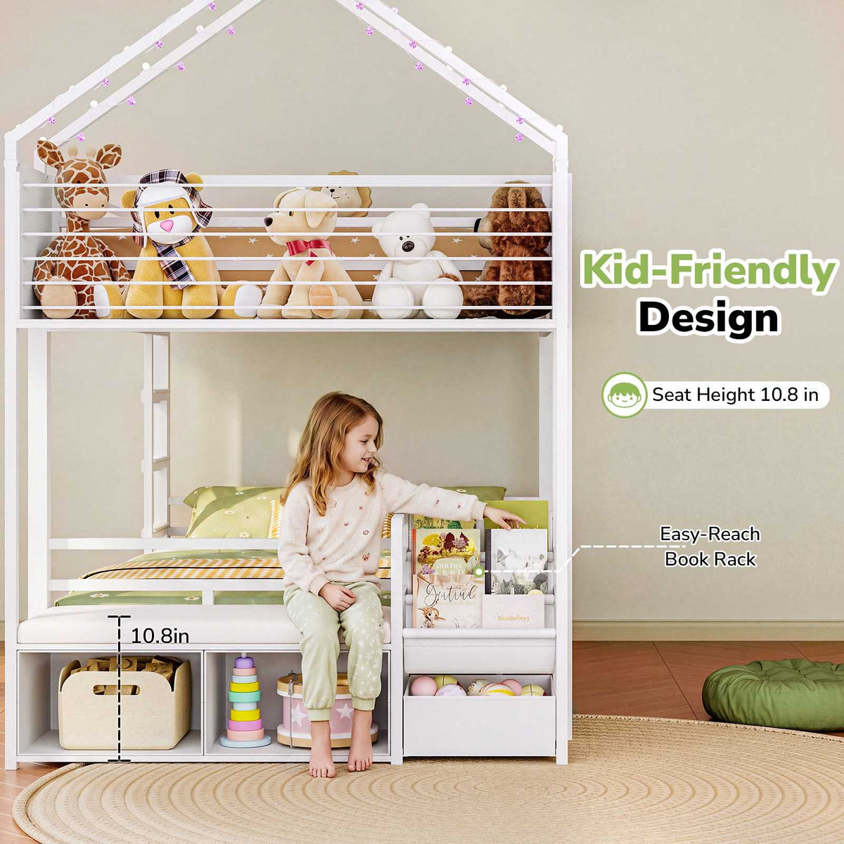 Hasuit | Twin Over Twin Bunk Bed with 3 Under Bed Drawers and Bookshelf for Kids Bunk Bed with Globe String Lights and Padded Stool