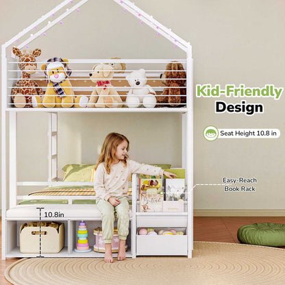 Hasuit | Twin Over Twin Bunk Bed with 3 Under Bed Drawers and Bookshelf for Kids Bunk Bed with Globe String Lights and Padded Stool