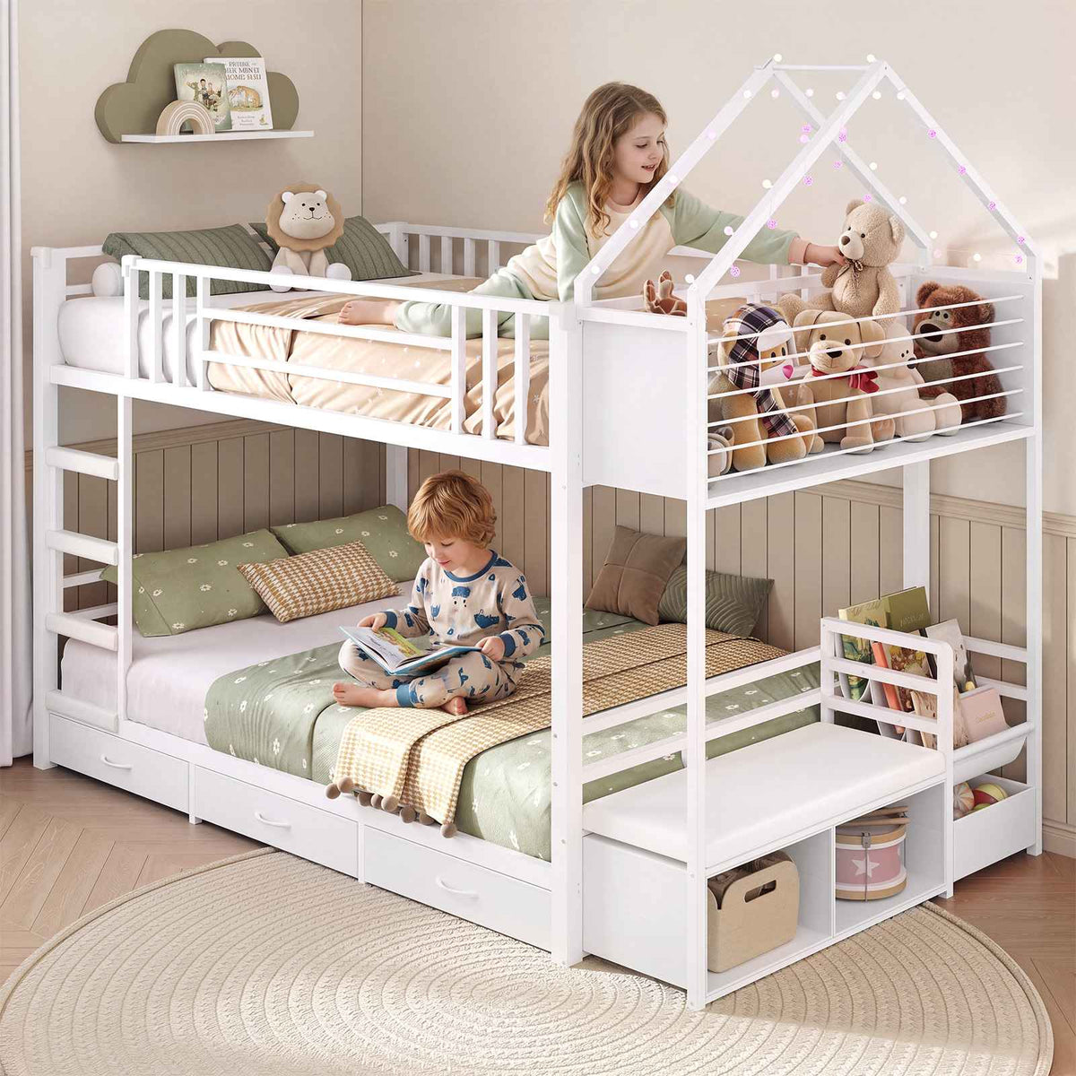 Hasuit | Twin Over Twin Bunk Bed with 3 Under Bed Drawers and Bookshelf for Kids Bunk Bed with Globe String Lights and Padded Stool