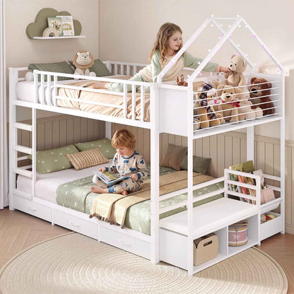 Hasuit | Twin Over Twin Bunk Bed with 3 Under Bed Drawers and Bookshelf for Kids Bunk Bed with Globe String Lights and Padded Stool