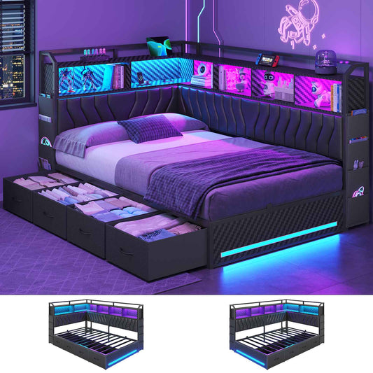 Hasuit | Twin Corner Bed Frame with 4 Storage Drawers and Bookcases Gaming Daybed with Leather Upholstered Esports Style for Kids Teens