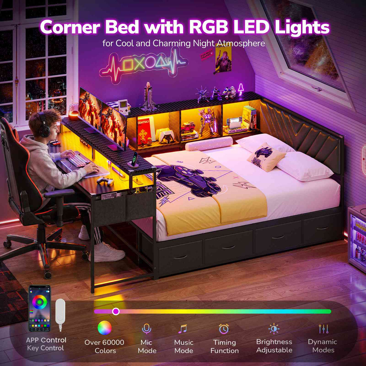 Hasuit | Corner Bed Frame with Desk and 4 Storage Bookcases Gaming Bed Frame with LED Light and Upholstered Headboard