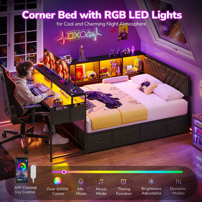 Hasuit | Corner Bed Frame with Desk and 4 Storage Bookcases Gaming Bed Frame with LED Light and Upholstered Headboard