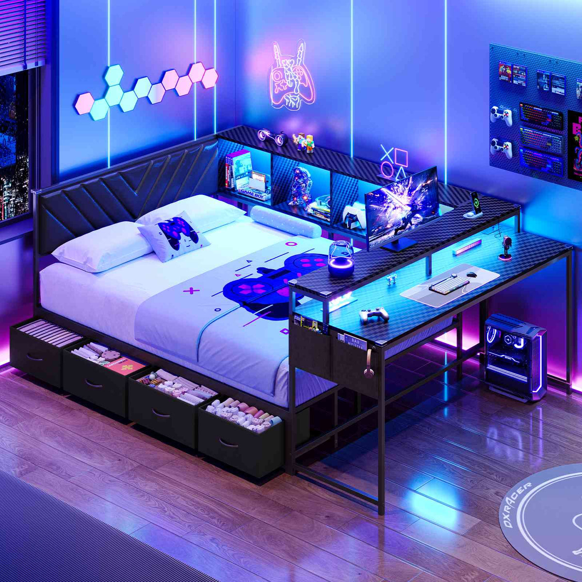 Hasuit | Corner Bed Frame with Desk and 4 Storage Bookcases Gaming Bed Frame with LED Light and Upholstered Headboard