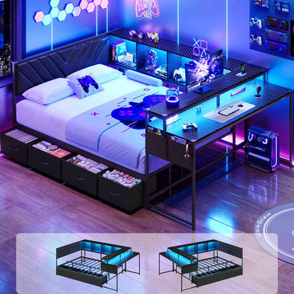 Hasuit | Corner Bed Frame with Desk and 4 Storage Bookcases Gaming Bed Frame with LED Light and Upholstered Headboard